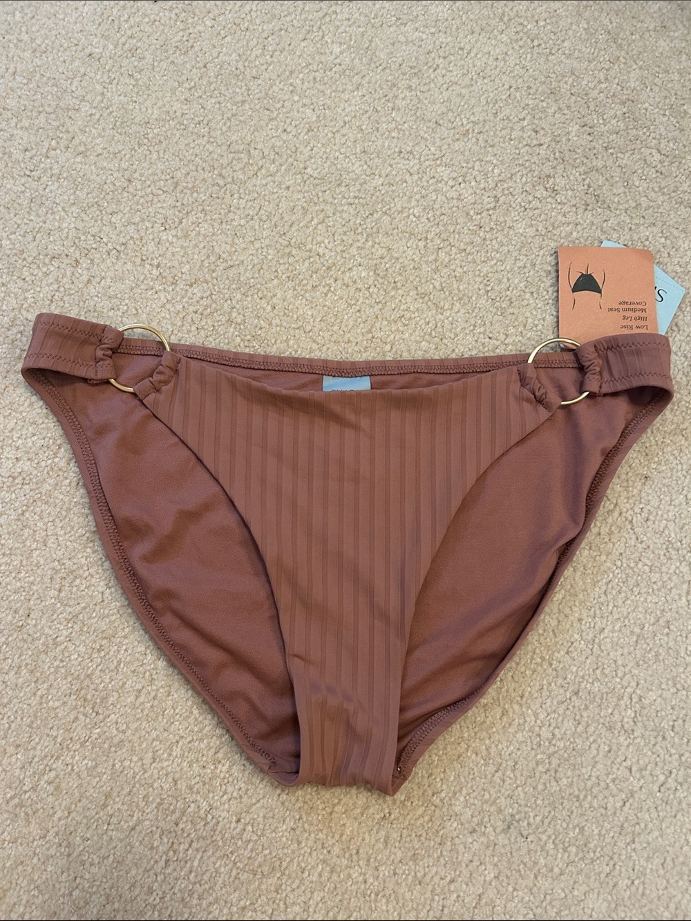 Shade & Shore Ribbed Mauve-Brown Bikini Bottom with Ring Detail
